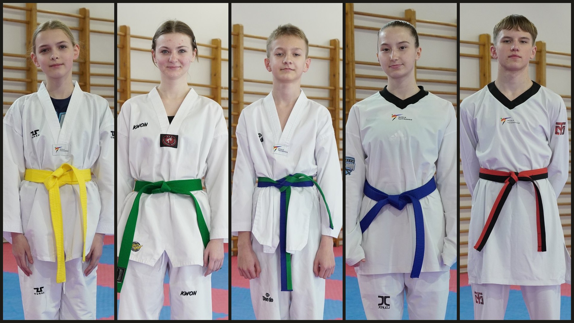 Zawodniczki i zawodnicy UKS Żyrzyn Taekwondo Team w pasach: żółtym, zielonym, zielonym z niebieską belką, niebieskim oraz czerwonym z czarną belką